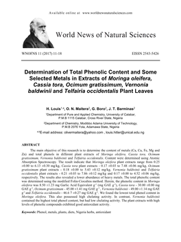 Determination of Total Phenolic Content and Some Selected Metals