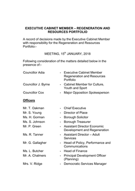 Executive Cabinet Member – Regeneration and Resources Portfolio
