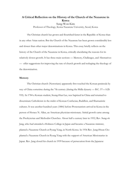 A Critical Reflection on the History of the Church of the Nazarene in Korea Sung-Won Kim Professor of Theology, Korea Nazarene University, Seoul, Korea