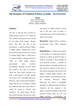 The Scenario of Coalition Politics in India: an Overview Sonia Lect