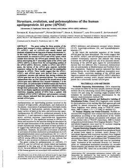 Apolipoprotein A4 Gene (APOA4) (Chromosome 11/Haplotypes/Intron Loss/Coronary Artery Disease/Apoal-APOC3 Deficiency) Sotirios K