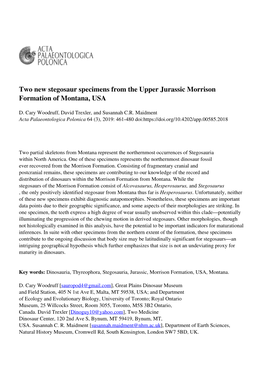 Two New Stegosaur Specimens from the Upper Jurassic Morrison Formation of Montana, USA