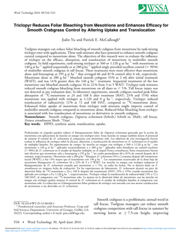 Triclopyr Reduces Foliar Bleaching from Mesotrione and Enhances Efficacy for Smooth Crabgrass Control by Altering Uptake and Translocation