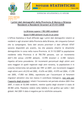 I Primi Dati Demografici Della Provincia Di Monza E Brianza Al 01/01/2008