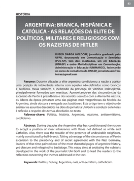 Argentina: Branca, Hispânica E Católica - As Relações Da Elite De Políticos, Militares E Religiosos Com Os Nazistas De Hitler