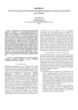 RAGHAV a New Low Power S-P Network Encryption Design for Resource Constrained Environment