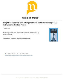 Enlightened Secrets: Silk, Intelligent Travel, and Industrial Espionage in Eighteenth-Century France