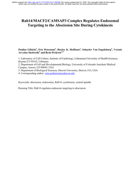 Rab14/MACF2/CAMSAP3 Complex Regulates Endosomal Targeting to the Abscission Site During Cytokinesis