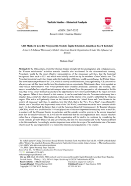 ABD Merkezli Yeni Bir Misyonerlik Modeli: İngiliz Etkisinde Amerikan Board Teşkilatı* a New USA Based Missionary Model: Ameri