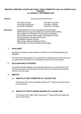 MINUTES of MEETING of BUTE and COWAL AREA COMMITTEE Held in the QUEEN's HALL, DUNOON on TUESDAY, 6 SEPTEMBER 2005