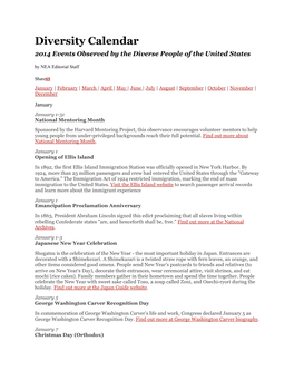 Diversity Calendar 2014 Events Observed by the Diverse People of the United States by NEA Editorial Staff