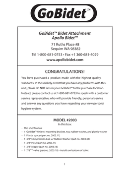 Apollo Bidet™ CONGRATULATIONS! Gobidet™ Bidet Attachment