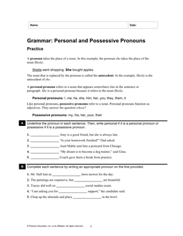 Grammar: Personal and Possessive Pronouns Practice