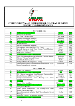 1 Athletics Kenya and International Calendar Of