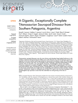 A Gigantic, Exceptionally Complete Titanosaurian Sauropod Dinosaur from Southern Patagonia, Argentina