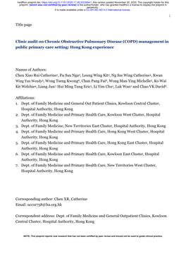 Clinic Audit on Chronic Obstructive Pulmonary Disease (COPD) Management in Public Primary Care Setting: Hong Kong Experience