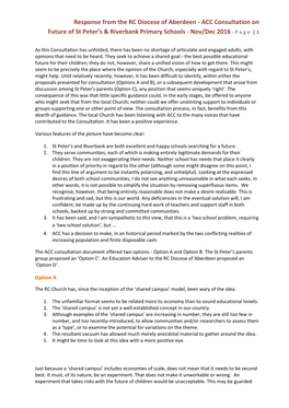 Response from the RC Diocese of Aberdeen - ACC Consultation on Future of St Peter’S & Riverbank Primary Schools - Nov/Dec 2016 - P a G E | 1