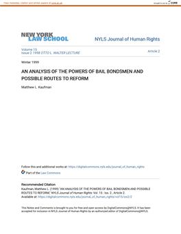 An Analysis of the Powers of Bail Bondsmen and Possible Routes to Reform