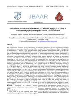 Distribution of Bacteria in Lake Qarun, AL Fayoum, Egypt (2014 -2015) in Relation to Its Physical and Hydrochemical Characterization