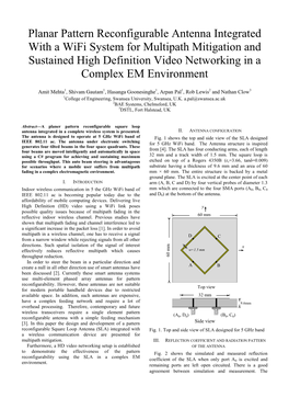 Planar Pattern Reconfigurable Antenna Integrated with a Wifi System for Multipath Mitigation and Sustained High Definition Video