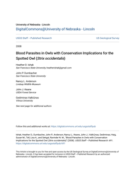 Blood Parasites in Owls with Conservation Implications for the Spotted Owl (Strix Occidentalis)