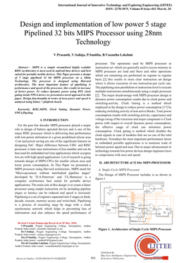 Design and Implementation of Low Power 5 Stage Pipelined 32 Bits MIPS Processor Using 28Nm Technology