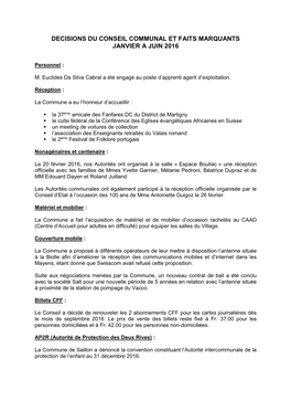 Decisions Du Conseil Communal Et Faits Marquants Janvier a Juin 2016