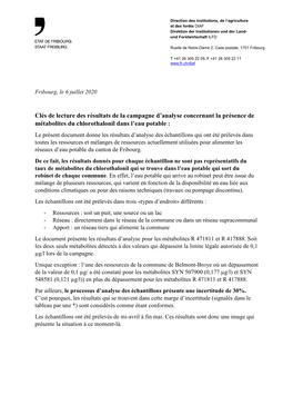 Clés De Lecture Des Résultats De La Campagne D'analyse Concernant La Présence De Métabolites Du Chlorothalonil Dans L'ea