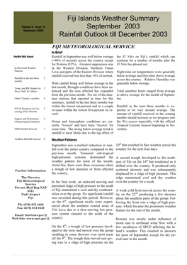 Fiji Islands Weather Summary September 2003 Rainfall Outlook