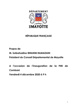 RÉPUBLIQUE FRANÇAISE Propos De M. Soibahadine IBRAHIM