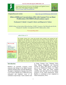 Effect of Different Concentrations of BA with Constant NAA on Shoot Proliferation of BAMBOO (Dendrocalamus Asper)