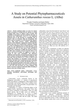 A Study on Potential Phytopharmaceuticals Assets in Catharanthus Roseus L