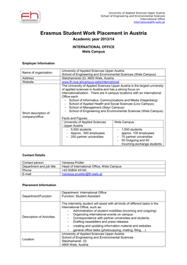 Erasmus Student Work Placement in Austria Academic Year 2013/14