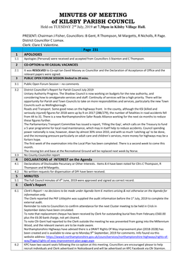 MINUTES of MEETING of KILSBY PARISH COUNCIL Held on TUESDAY 2Nd July, 2019 at 7.30Pm in Kilsby Village Hall