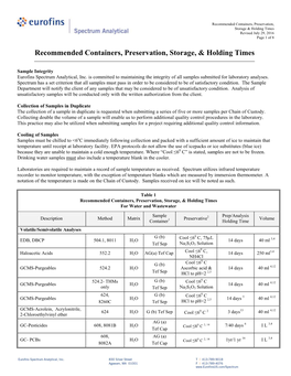 Recommended Containers, Preservation, Storage, & Holding