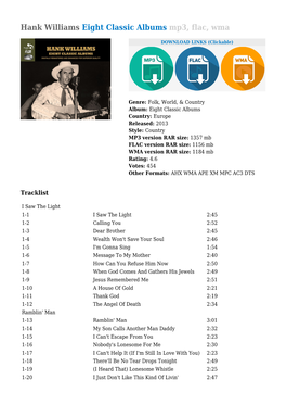 Hank Williams Eight Classic Albums Mp3, Flac, Wma