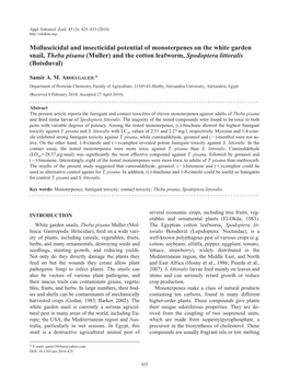 Molluscicidal and Insecticidal Potential of Monoterpenes on the White Garden Snail, Theba Pisana (Muller) and the Cotton Leafworm, Spodoptera Littoralis (Boisduval)