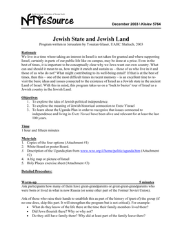 Jewish State and Jewish Land Program Written in Jerusalem by Yonatan Glaser, UAHC Shaliach, 2003