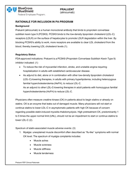 PRALUENT (Alirocumab) RATIONALE for INCLUSION in PA PROGRAM