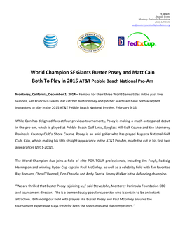 World Champion SF Giants Buster Posey and Matt Cain Both to Play in 2015 AT&T Pebble Beach National Pro‐Am