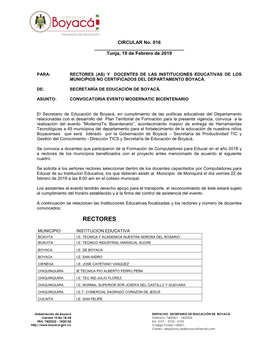 Rectores (As) Y Docentes De Las Instituciones Educativas De Los Municipios No Certificados Del Departamento Boyacá