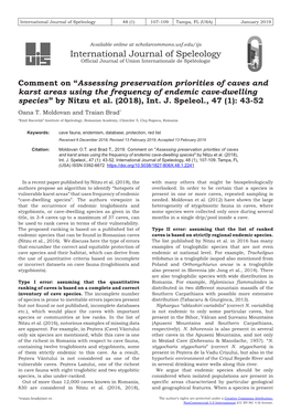 Assessing Preservation Priorities of Caves and Karst Areas Using the Frequency of Endemic Cave-Dwelling Species” by Nitzu Et Al