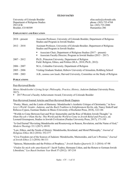 ELIAS SACKS University of Colorado Boulder Elias.Sacks@Colorado.Edu Department of Religious Studies Phone: (303) 735-4768 292 UC