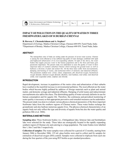 Impact of Pollution on the Quality of Water in Three Freshwater Lakes of Suburban Chennai