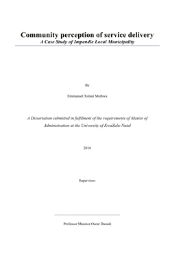 Community Perception of Service Delivery a Case Study of Impendle Local Municipality