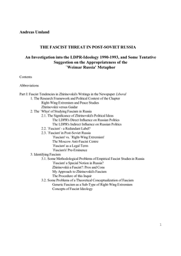 Andreas Umland the FASCIST THREAT in POST-SOVIET RUSSIA an Investigation Into the LDPR-Ideology 1990-1993, and Some Tentative Su