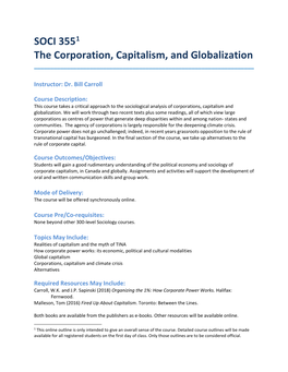 SOCI 3551 the Corporation, Capitalism, and Globalization ______