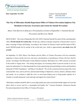 The City of Milwaukee Health Department Office of Violence Prevention Implores City Residents to Increase Awareness and Action for Suicide Prevention