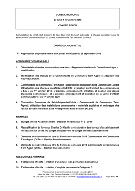 Conseil Municipal Du Lundi 4 Novembre 2019 Hôtel De Ville / Parc Georges Spénale / 81370 ST-SULPICE-LA-POINTE Tél