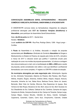 Convocação Assembleia Geral Extraordinária – Reajuste Comércio Varejista (Patronal Sindifarma) E Atacadista/Pr